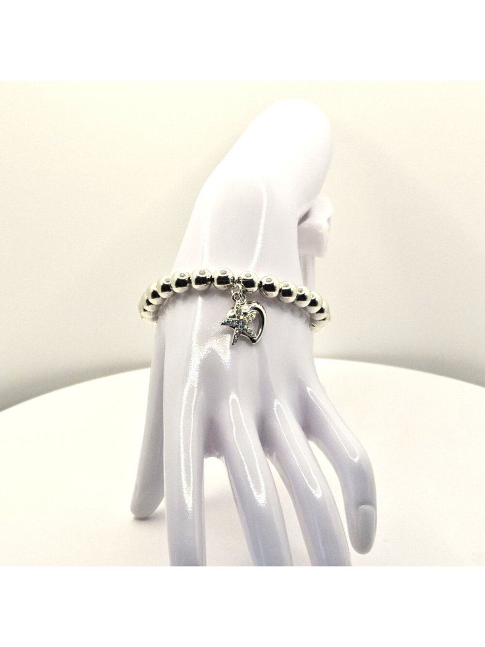 Silver Tone Beaded Starfish And Heart Charm Bracelet For Women
